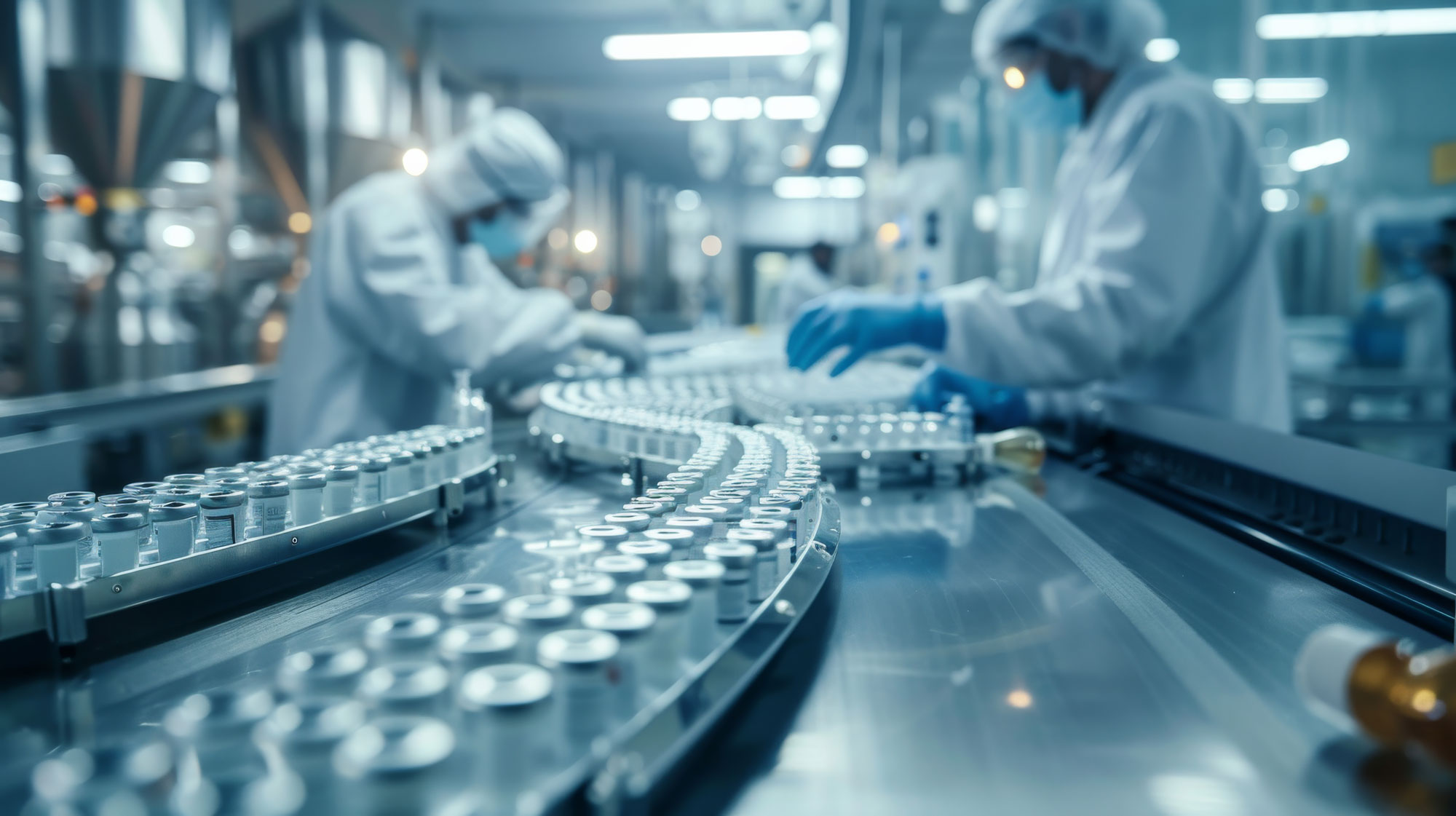 Technicians in cleanroom suits inspecting vials on a pharmaceutical production line